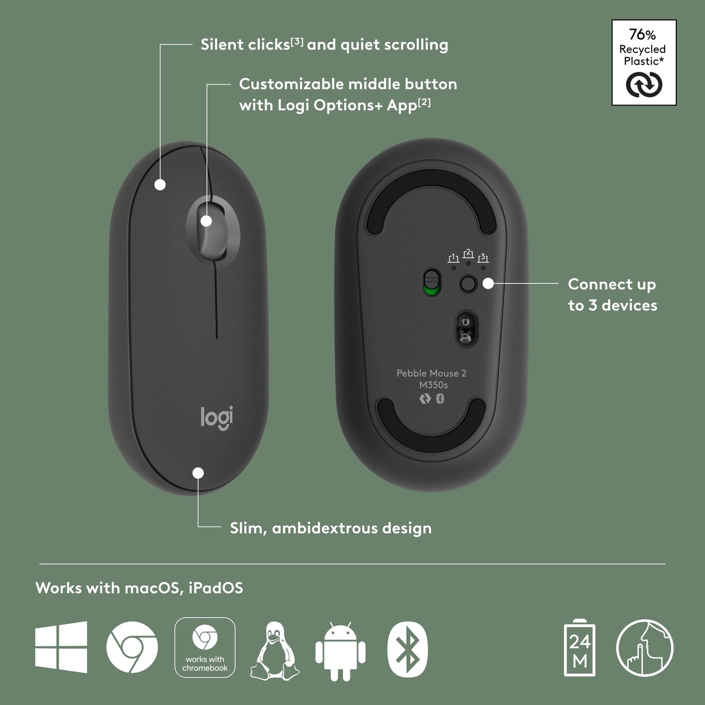 Logitech Pebble Mouse 2 M350s Slim Bluetooth Wireless Mouse, Portable, Lightweight, Customisable Button, Quiet Clicks, Easy-Switch for Windows, macOS, iPadOS, Android, Chrome OS - Graphite