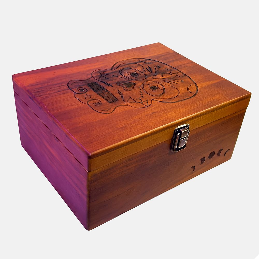 Sugar Skull Wooden Stash & Keepsake Box – Large 11” x 8.5” x 5” Engraved Wood Storage Box with Hinged Lid & Latch – Day of the Dead Memory Box for Tarot, Herbs, Jewelry & Gifts, Limited Run