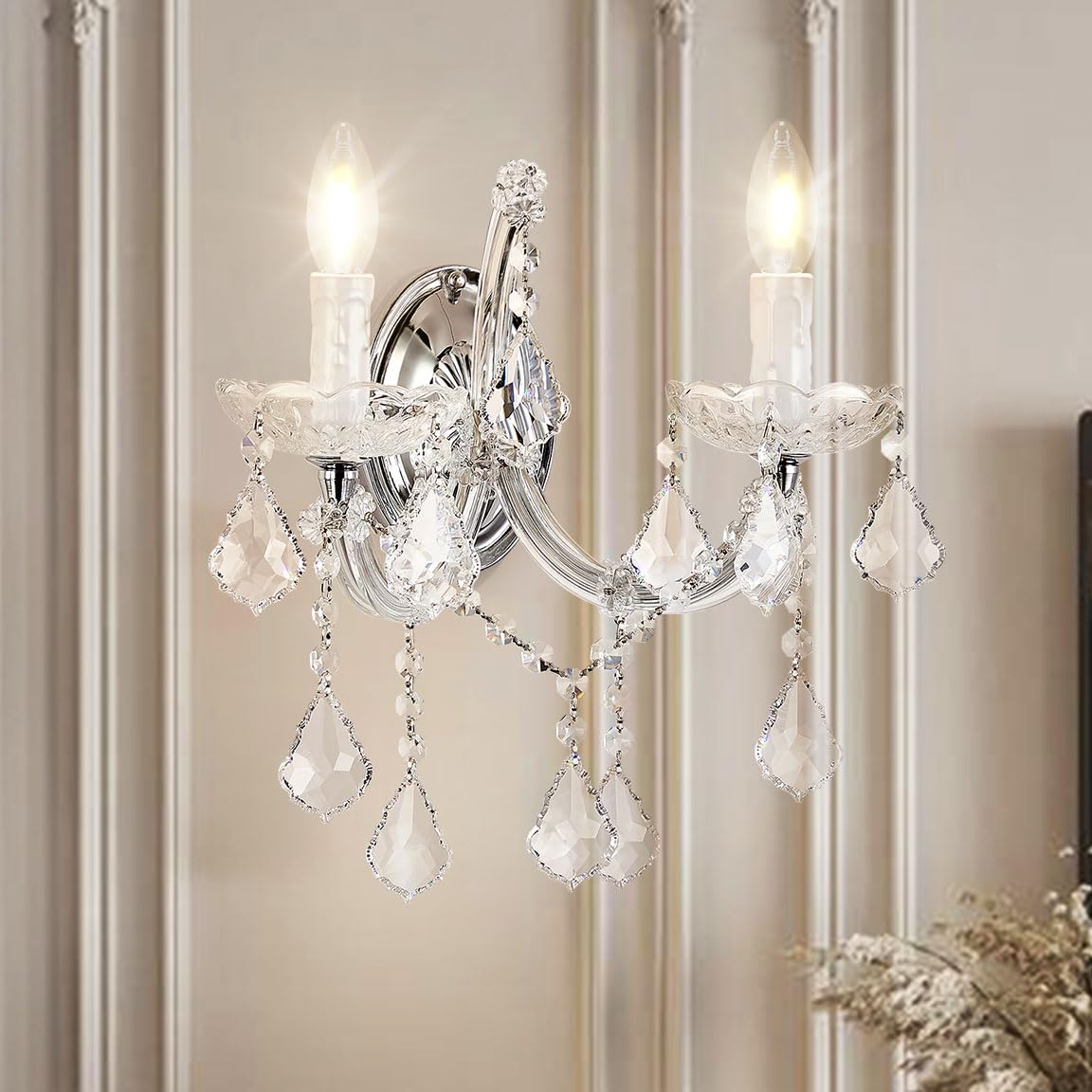 TMAFON Crystal Wall Lights, Modern Sconces - Brilliant 2 Light Maria Theresa Wall Lamp Light Fixtures, Wall Mounted Lamp for Bedroom, Living Room, Bedside, Corridor