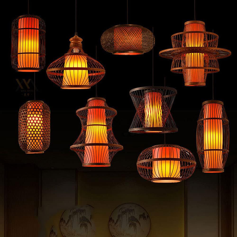 HAIIQU Traditional Antique Bamboo Pendant Light Chinese Bird Cage Hanging Ceiling Lamp with Red Imitation Parchment Lampshade Large Wicker Restaurant Cafe Corridor E27 Decor Light Fixture 17.7"