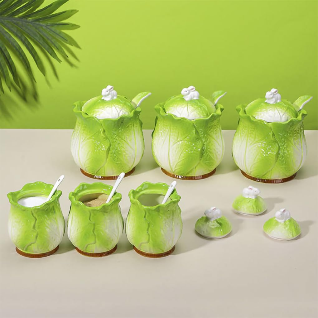 WAIT FLY Cabbage and Rabbit Ceramic Sugar Bowl with Lid and Spoon, Sugar Container, Sugar Jar for Kitchen Countertop, Coffee Bar