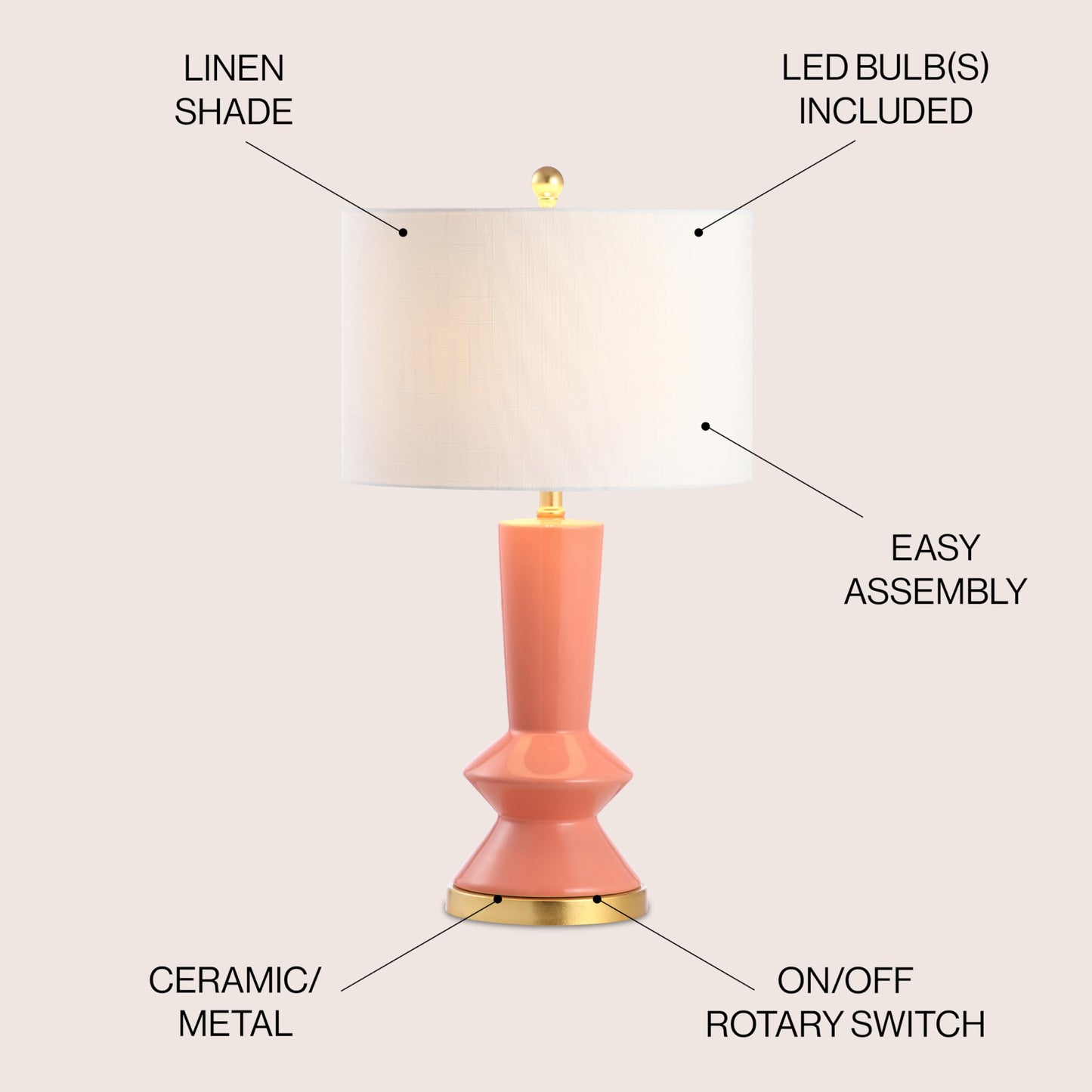 JONATHAN Y 27" Coral/Gold Painting Modern Ceramic Table Lamp for Bedroom Living Room, with White Linen Shade, Glam Geometric Bedside Nightstand Lamp, LED Bulb Included (JYL6607B)