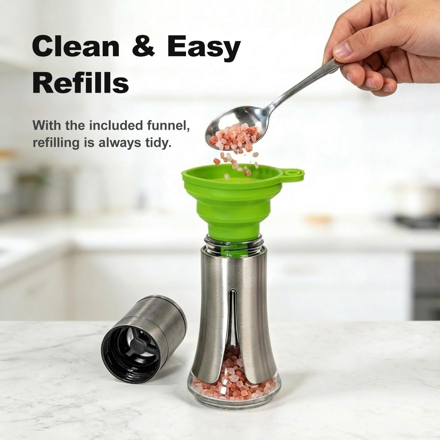 Aelga Salt Grinder with Silicone Funnel - 4oz Glass Manual Mills with Adjustable Ceramic Core & Stainless Steel Sleeve, Refillable Kitchen Gadget