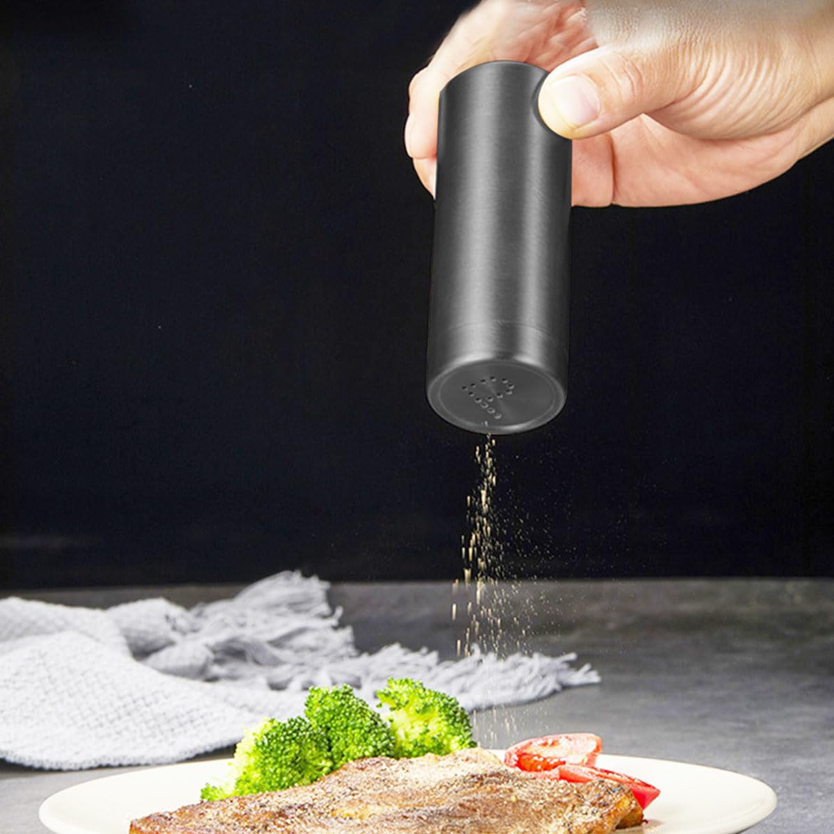2-Pack Salt Pepper Shakers,3OZ "S" and "P" Shakers, 304 Stainless Steel Spice Jars Seasoning Dispenser for Salt Sugar Spice Pepper (Light Black, Large)