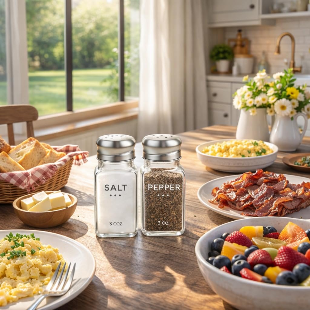 HESSION Salt Shaker and Pepper Shaker Set of 4, Refillable Glass Spice Shakers with Holes and Lids, Stainless Steel Spice Dispenser, Modern Kitchen Decor Seasoning Containers for Dining Table (3oz)