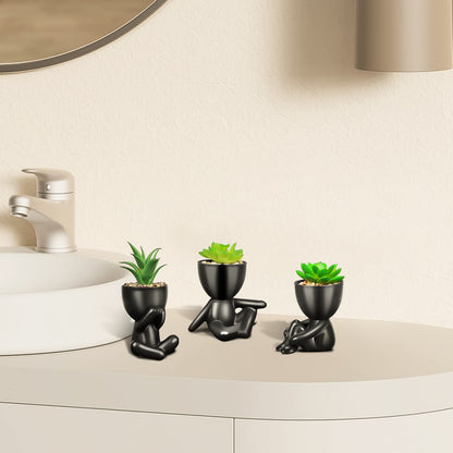 SEMSOIIO Pack of 4 Cute Artificial Succulent Plants in Human Shaped Pots, Funny Desk Decor for Office Women Men, Aesthetic Room Decor, Small Fake Plants for Shelf Bathroom Home Office Gifts (Black)