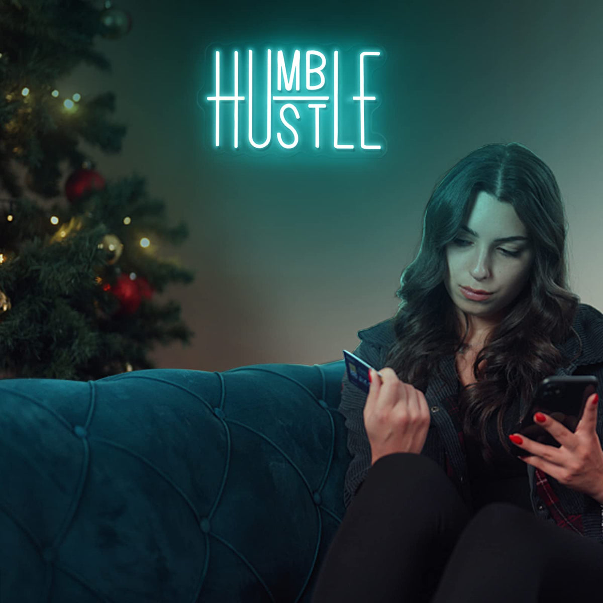 Hustle Words LED Neon Lights Party Decorations, USB Powered Switch LED Neon Lights Brightness Adjustable for Office Room, Gym Room, Man Cave, Gamer Room Decor (Blue)