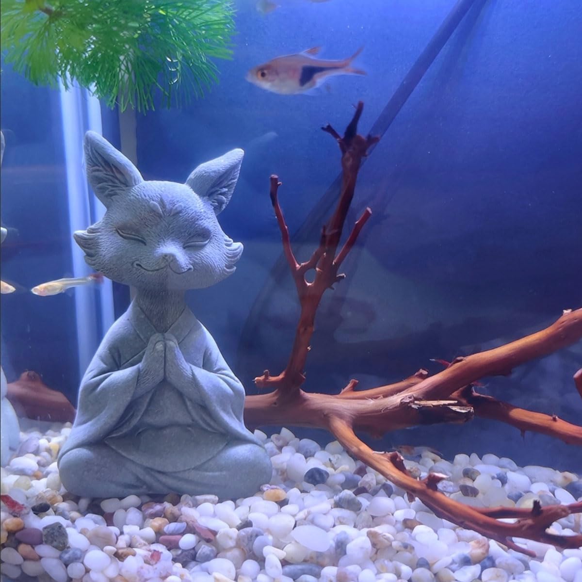 livelyfish Meditating Buddha Fox Statue Aquarium Zen Statue Yoga Animal Figurines Sandstone Sculpture for Fish Tank Garden Tabletop Decor, S1