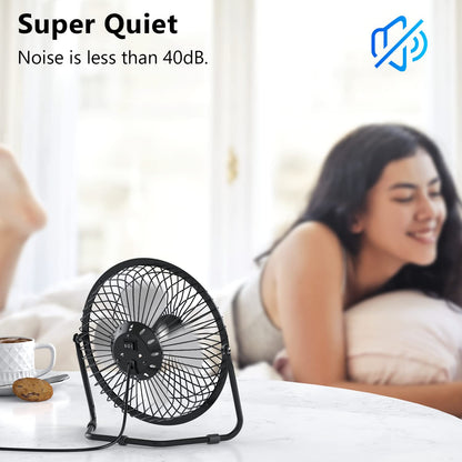 Zuvas Desk Fan Quiet Small USB Fan 360° Rotation Portable Table Fan 2 Speed Mini Personal Fan Air Cooling Electric Fan for Home Office Bedroom Travel Camping, 4 inch Black