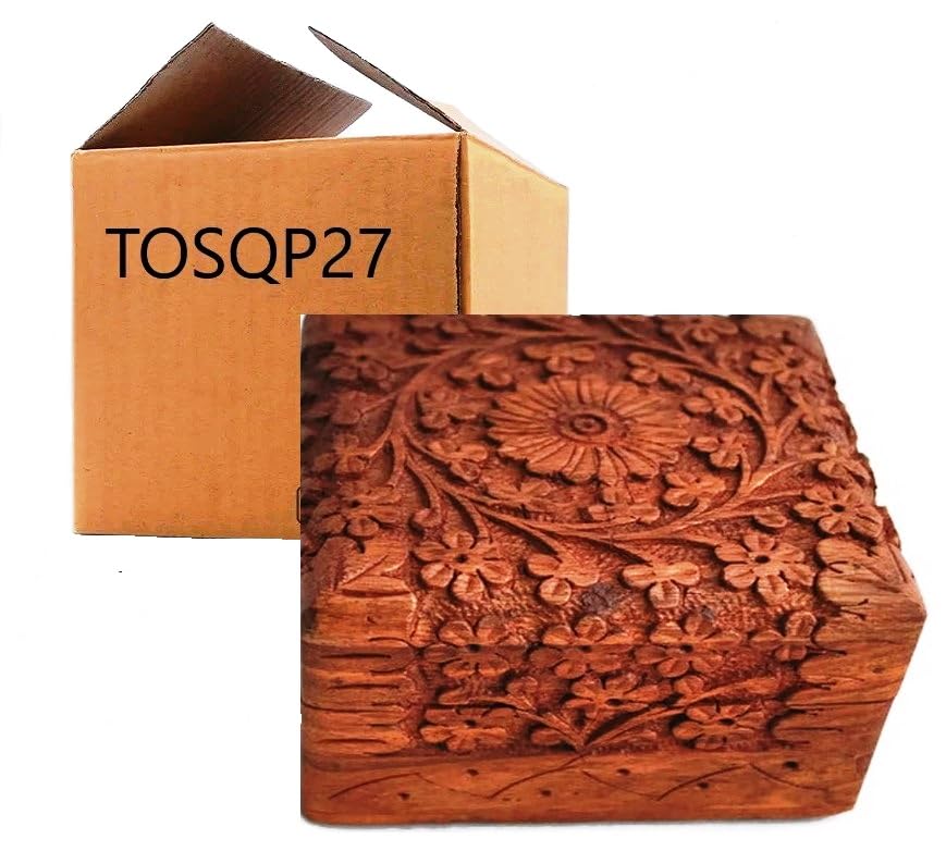 TOSQP27 Gift Jewelry Box Rosewood Hand-Carved Novelty Unique Trinket Case Jewellery – 4 Inch Wooden Travel Jewel Organizer Brass Inlay Velvet – Keepsake Birthday Aniversary Gifts for Women, Girls, Mom