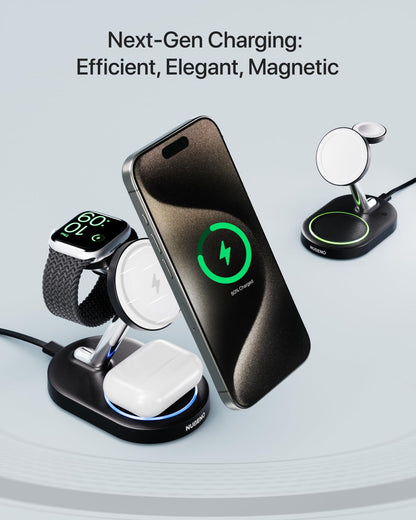 Nubeno Fast Charging Station for Magsafe Apple Devices, Wireless Charger Station for MagSafe iPhones, 3 in 1 Magnetic Charger Stand for iPhone 17/16/15/14/13/12, Apple Watch & AirPods(Blk)