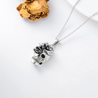 Seiyang Skull Necklace for Women Sterling Silver Goth Skulls Rose Pendant Halloween Necklaces Skull Jewelry Gift for Women Men Halloween (Rose Skulls Necklace)