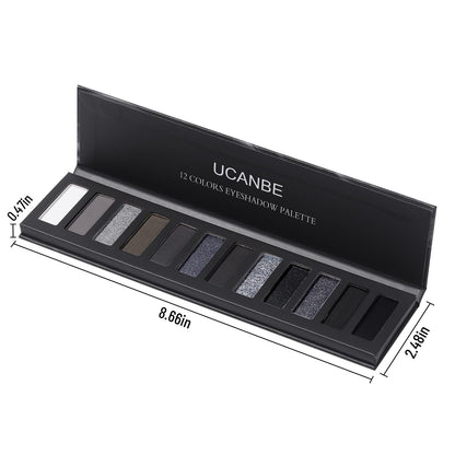 UCANBE Smokey Eyeshadow Palette, Dark Black White Gray Silver Natural Nude Matte Shimmer Eye Shadow Pallet for Smoky Emo Goth Makeup, 12 Color High Pigmented Long Lasting Waterproof Pallete with Brush