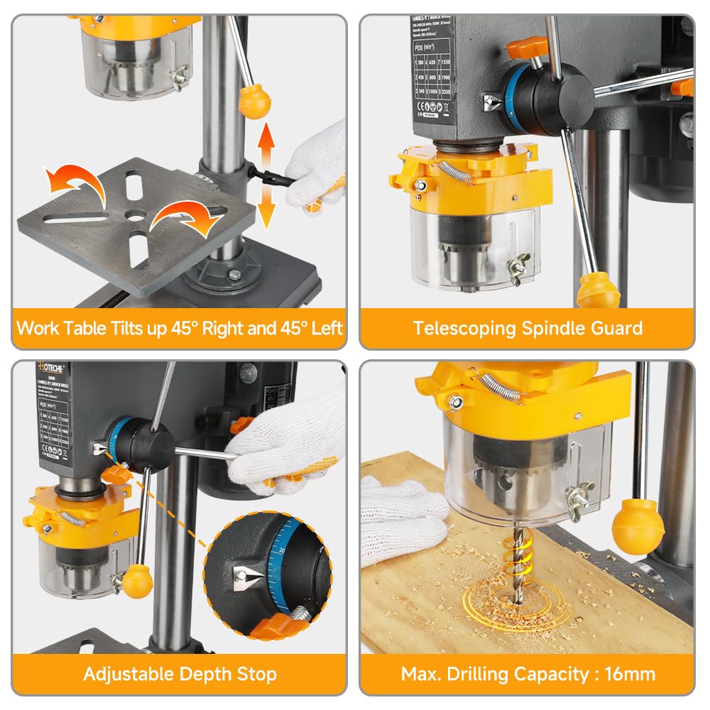 Hoteche Variable Speed Benchtop Drill Press with 5/8-Inch Chuck, 170mm Work Table & 50mm Spindle Travel - Precision Tabletop Drilling Machine for Wood, Metal, Plastic & DIY Projects