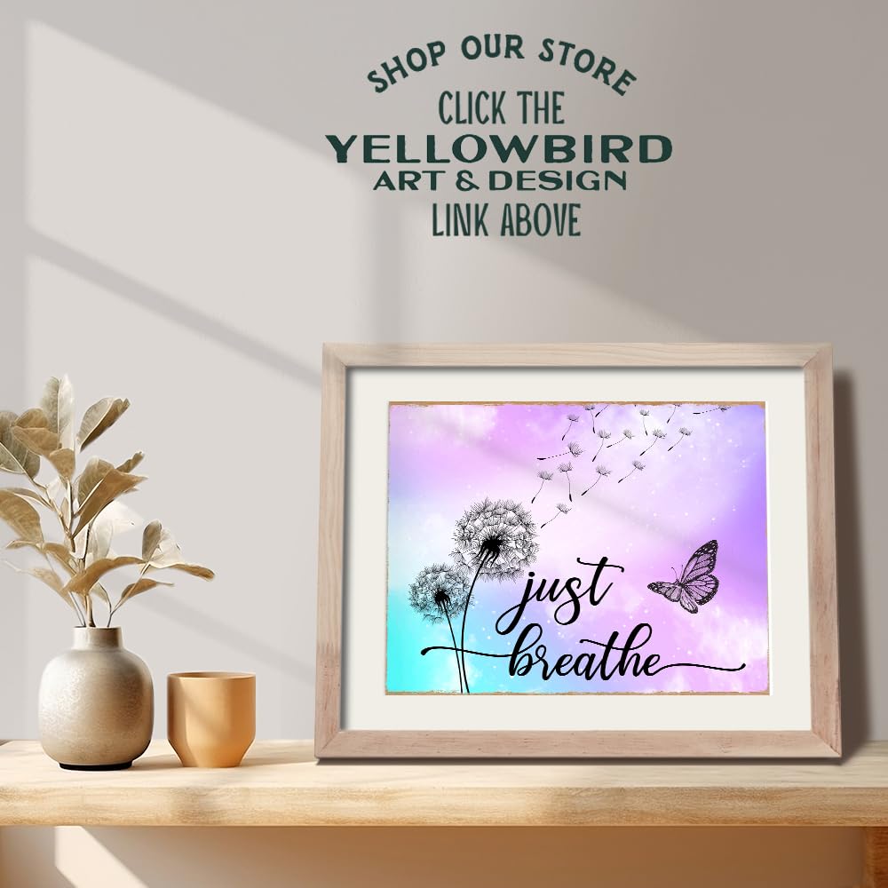 Dandelion Butterfly Just Breathe Wall Art 11x14 - Inspirational Positive Quotes Home Decor - Purple Wall Art for Women Office Bedroom - Zen Meditation Mindfulness Gift - Shabby Chic Boho Unframed