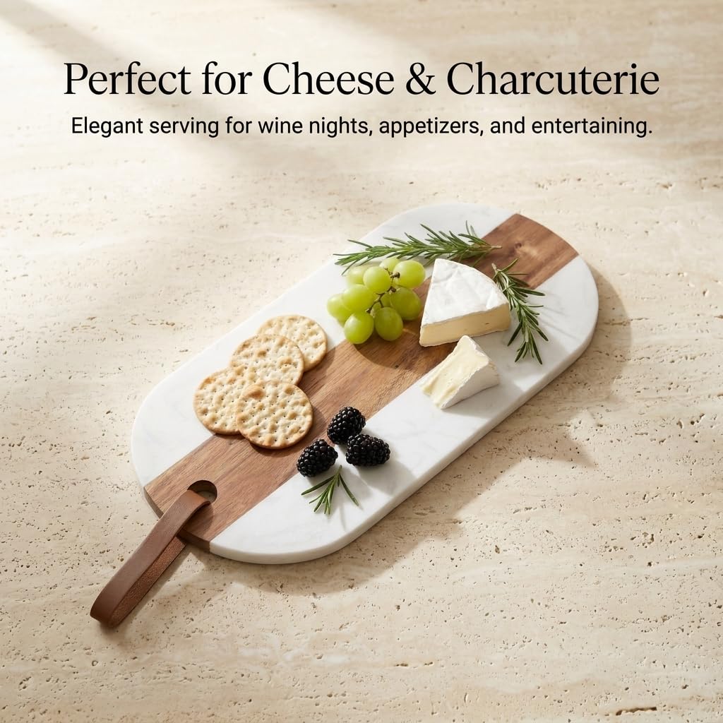 Marble & Acacia Wood Charcuterie Board, Cheese Board, Serving Platter & Appetizer Tray with Leather Strap, Marble Cheese Board for Entertaining, Housewarming Gift, Wedding Gift for Couples