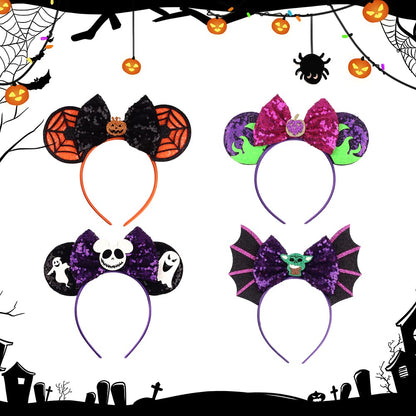 Tarocynn 4 PCS Halloween Mouse Ears Headbands Halloween Sequin Pumpkin Bows Ghost Headbands for Cosplay Party Favors