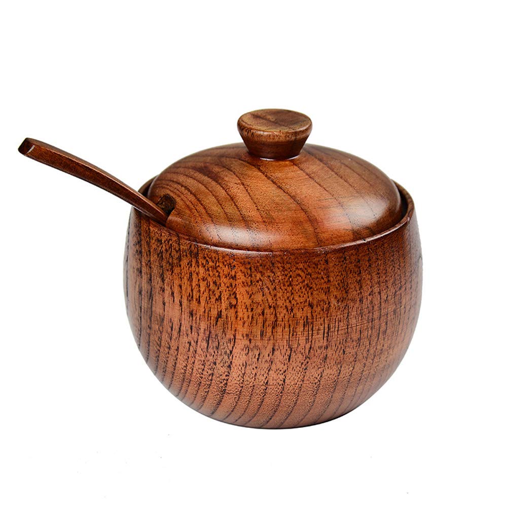 Leadigol Solid Wood Spice Jar Condiment Bowls with Wooden Spoon, Salt Seasoning Container Condiment Jar Storage Box with Spoon for Home Kitchen