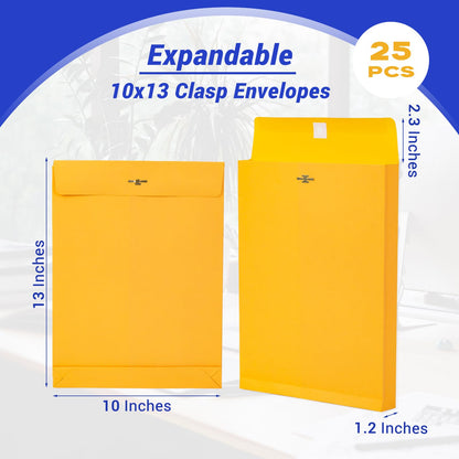 Expandable Large Manilla Envelopes 10x13 with Clasp and Gummed Seal 25 Pack, Goefun 180 GSM Heavyweight Big Yellow Manila Envelopes for Documents, for Home, Office, Business Mailing and Storing