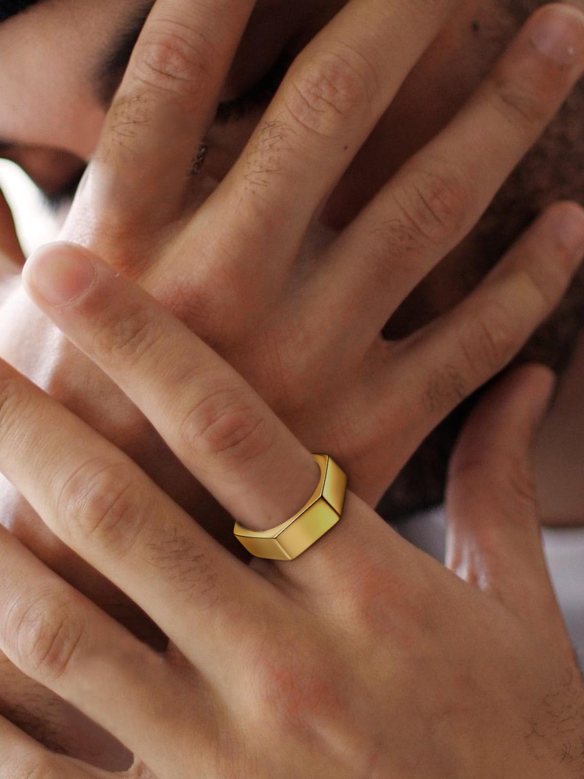 ChainsHouse Gold Hexagon Geometric Ring for Men Women, Cool Punk Hip Hop Biker Band Rings(Size 9)