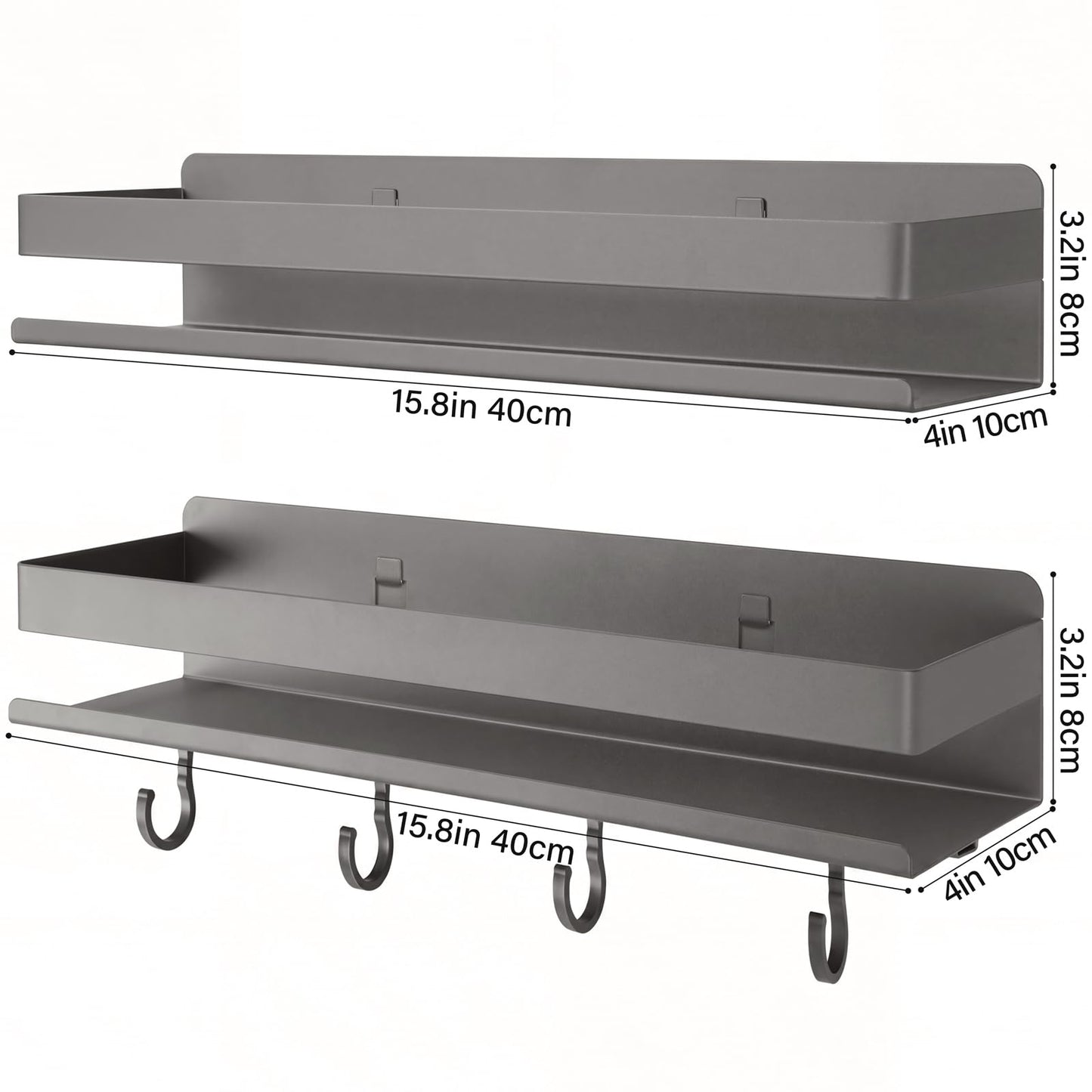 TIMBERHIDE 2-Pack Wall Mount Spice Rack,Easy to Install on the anywhere,Carbon Steel Kitchen Organizer with Hooks for Oil Salt Seasonings&Bathroom Toiletries,Grey