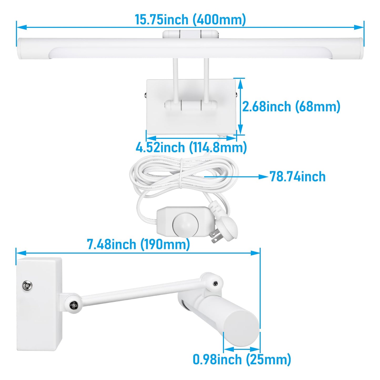 LEONLITE 3CCT Dimmable LED Picture Light, 2700K/3000K/4000K Selectable, CRI90 Swivel Full Metal Picture Frame Light for Wall Art, Painting, Artwork, Portrait, Plug-in & Hardwired, White