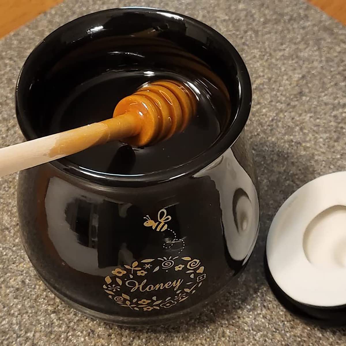 Kosmeey Ceramic Honey Jar With Wooden Honey Dipper - Honey Pot With Dipper - Black Honey Dispenser with Stand, Great Bee Decor- Farmhouse Kitchen Decoration