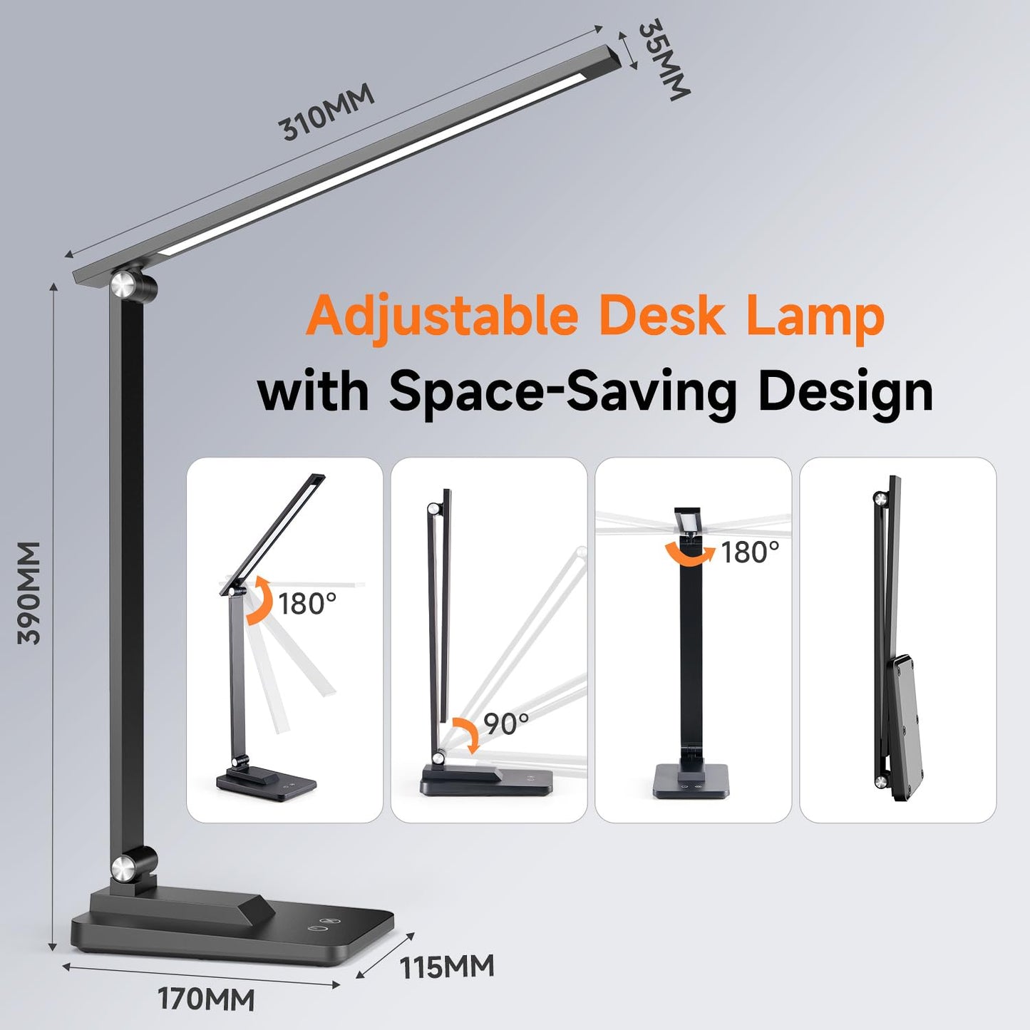 One Fire LED Desk Lamp,15 Modes Desk Light,500 Lumen Dimmable Desk Lamps, Adjustable Office Black Desk Lamps for Study Lamp, for Bedside Table