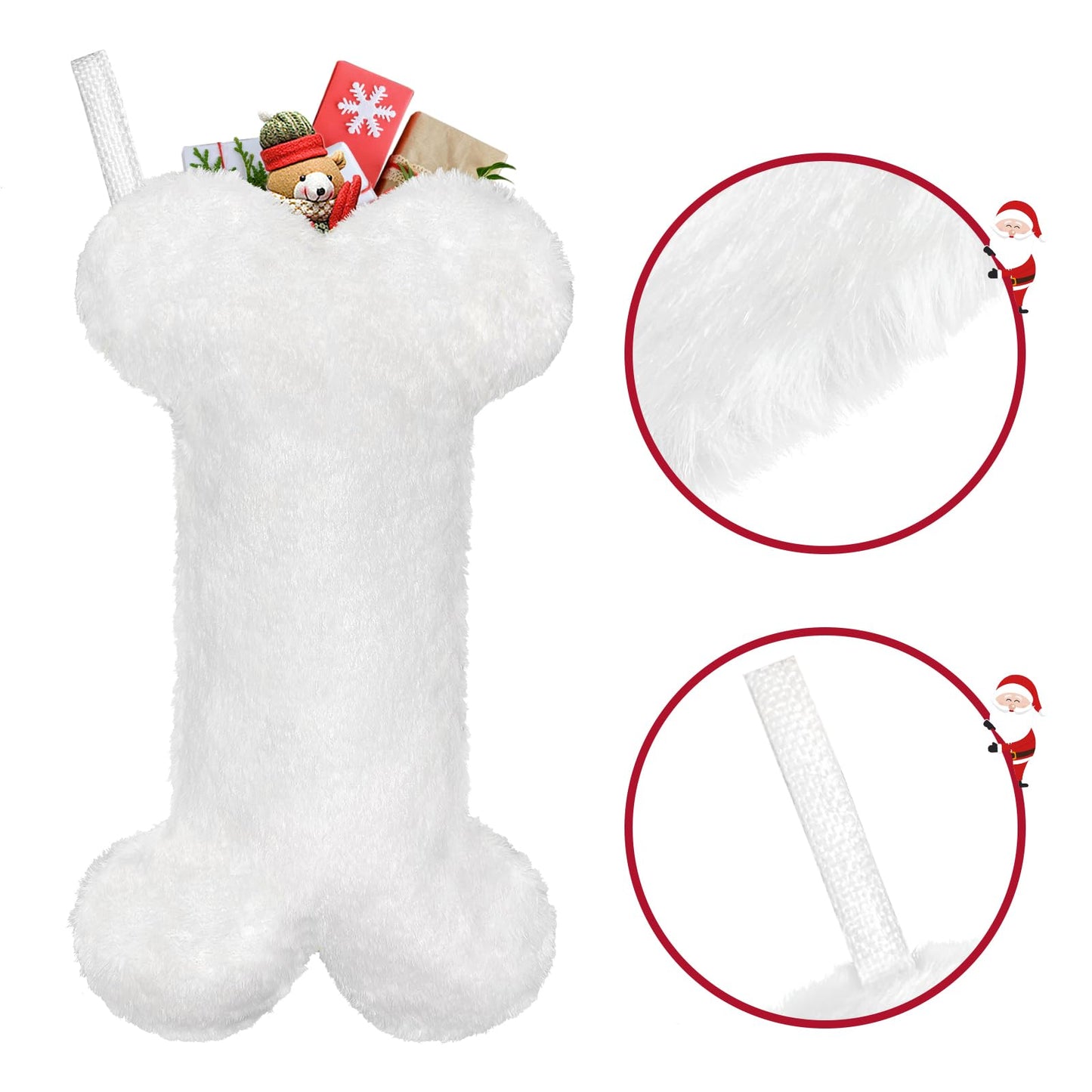 Malier Dog Christmas Stocking, Xmas Luxury Faux Fur Large Bone Shape Hanging with Silver & Gold Snowflakes Sequin Decorations Pets Christmas Dog Stockings for Dogs Cats Pets (Whith)