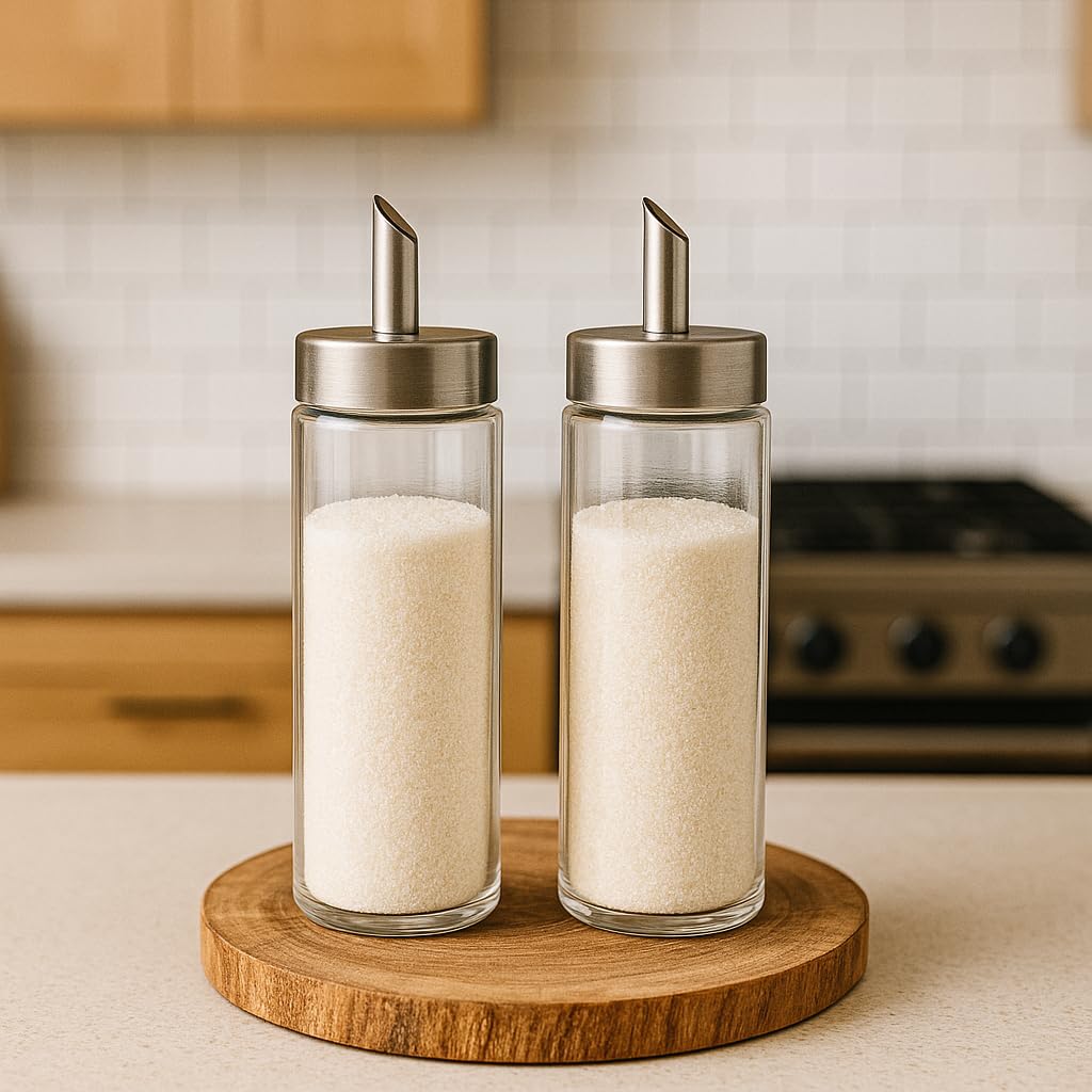 Neat Pour Sugar Dispenser, Shaker & Pourer - MODERN STYLE Brushed Nickel with Stainless Steel Lid, Dishwasher Safe for Sugar, Salt, Cocoa, Sprinkles. 8.4oz for coffee, tea, and baking (Pack of 2)