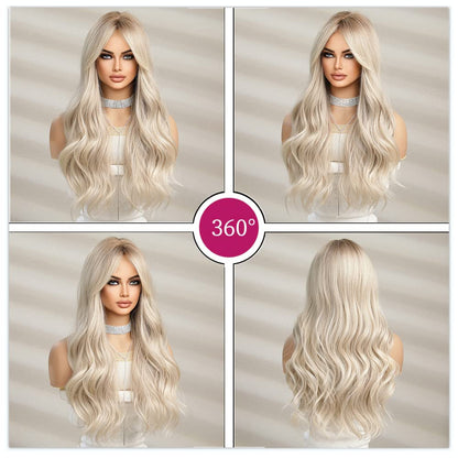 Esmee Long Wavy Blonde Wigs for Women Natuaral Synthetic Hair Heat Resistant Ombre Wig for Daily Party Cosplay Use