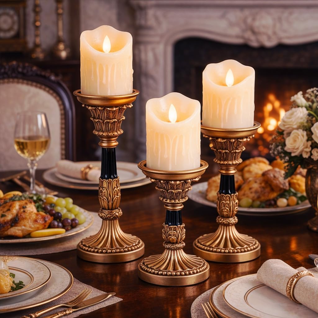 Resin Pillar Candle Holders Set of 3 – an Antique Gold Frame with Engraved Decorations (9", 7.5", 6") with 3.1" Tray & Velvet Anti-Slip Base for Table Centerpiece and Fireplace Mantel Decor