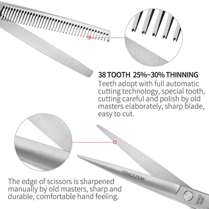 Fenice Peak 3pcs Dog Grooming Scissors Set Straight Thinning Curved Shears Stainless Steel Shears for Pet Grooming Sharp and Durable with Case Suitable for home users and Professional Groomer