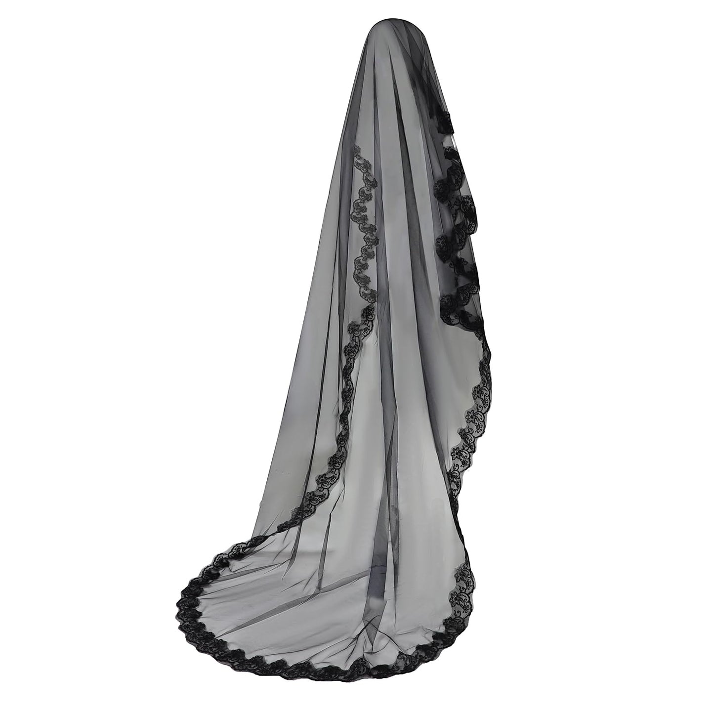 TINAYAUE 1 Tier Black Lace Veil Bridal Wedding Dress Veil Classic Sheer Bride Long Shawl Tulle Halloween Witch Cos Headdress