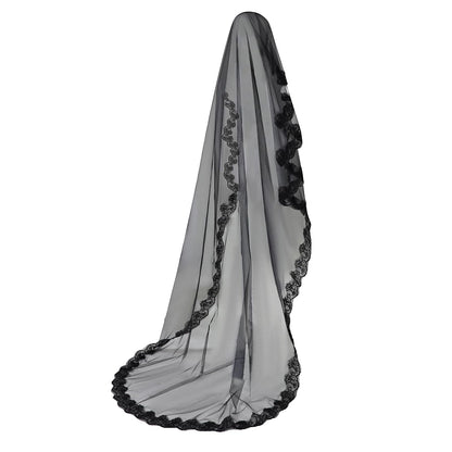 TINAYAUE 1 Tier Black Lace Veil Bridal Wedding Dress Veil Classic Sheer Bride Long Shawl Tulle Halloween Witch Cos Headdress
