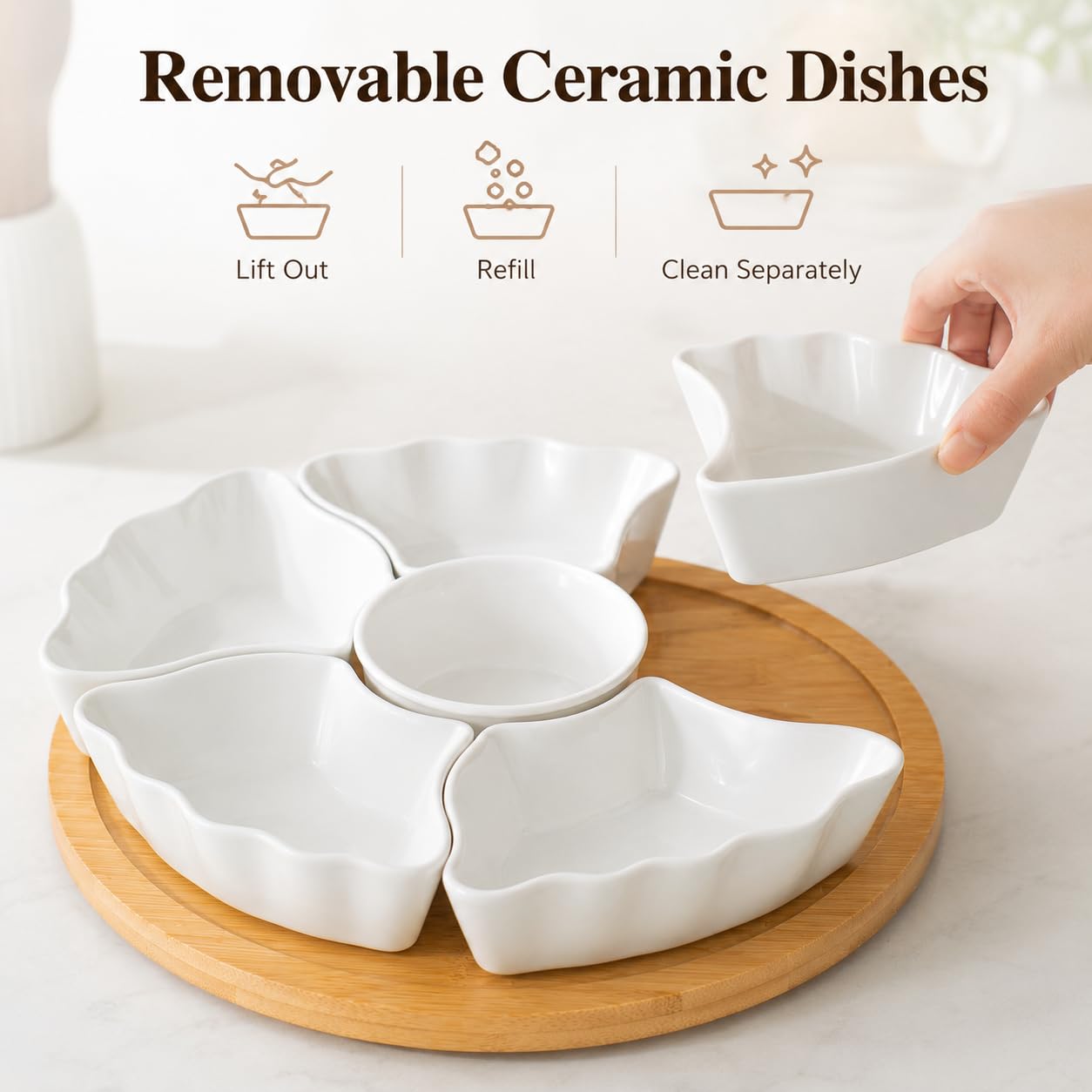 DLIM HOME 7-Piece Divided Serving Tray Set for Party, 12-Inch Rotating Serving Tray for Dining Table with Removable Dividers, Lazy Susan Platter for Charcuterie, Appetizers & Snacks