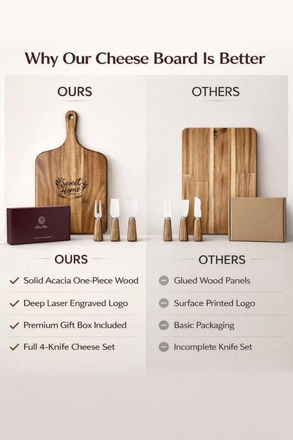 GleeNflux Charcuterie Board Set, 5-Piece Acacia Wood Cheese Board with 4 Cheese Knives, “Sweet Home” Engraved, Gift-Ready for Couples, Housewarming & Wedding