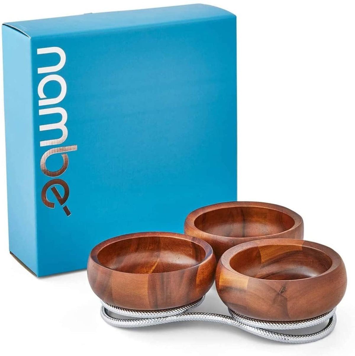nambe Braid Condiment Server | Serving Bowl for Side Dishes, Dips, Appetizers | Chrome Base | Acacia Wood Dip Bowls | 3 Piece Serving Set | 12-Ounce Bowls