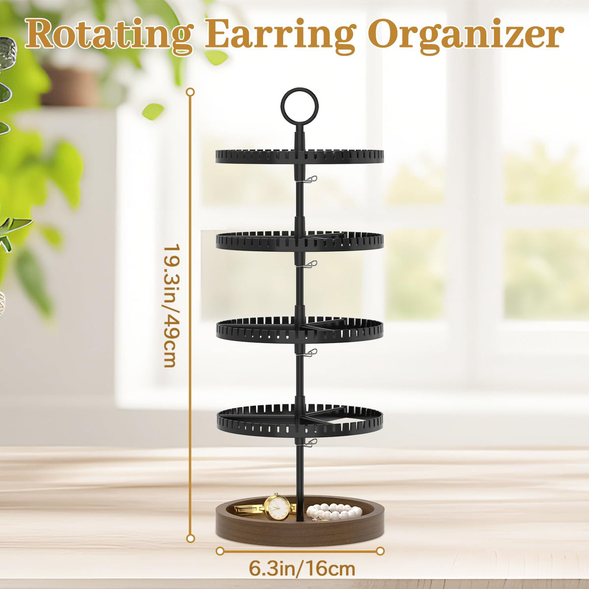 MODOWEY 4 Tier Rotating Earring Holder Organizer Display Tree with Wooden Tray, Adjustable Plastic Stand with 228 Slots for Stud Hoop Hanger, Large Capacity Storage Rack for Women Space Saving, Black