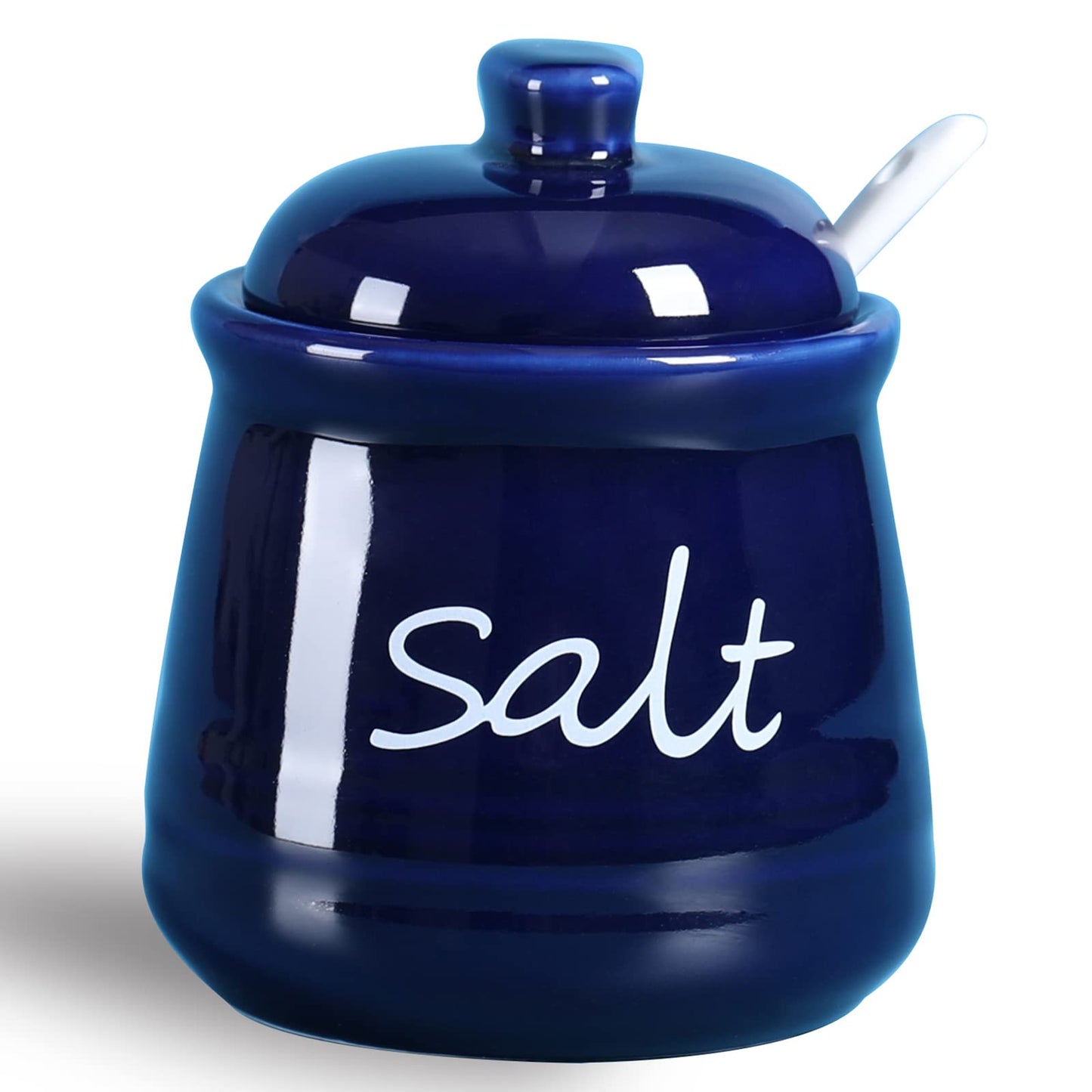 ONTUBE Ceramic Salt Bowl with Lid and Spoon 12oz White (Navy)