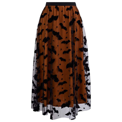 CHICWISH Women's Pumpkin Tulle Tutu Skirt Velvet Bats Elastic Waist Halloween Party Layered Mesh Midi Skirt Halloween Costumes
