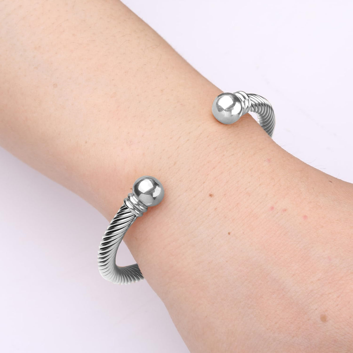 BOLAGTIER Stainless Steel Twisted Cable Wire Bracelets Adjustable Open Cuff Bangle Bracelet Vintage Jewelry Gift for Women (C-Silver)