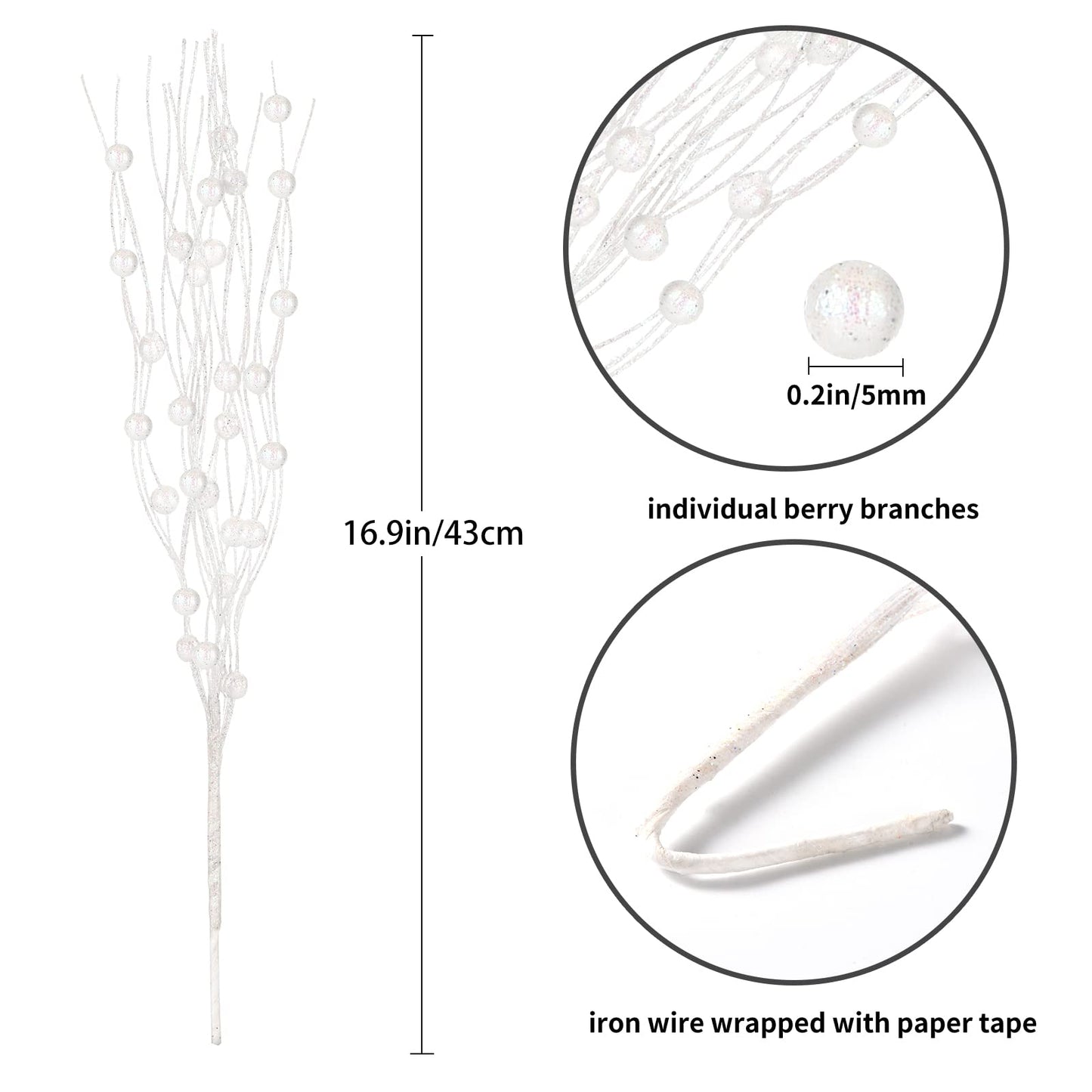 Losris Christmas Artificial Glitter Berry Stem Decorations Decorative Bead Sticks Xmas Picks Glittery Twigs Branches for Christmas Tree Wreath Gift Vase Decor Party Ornaments White 24 PCS
