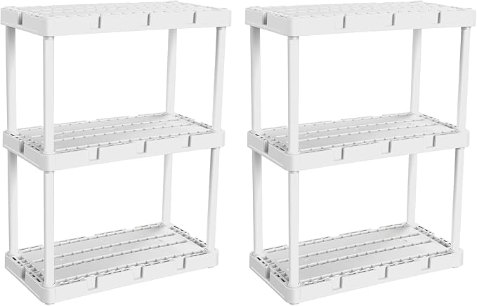 Gracious Living 2 Pack Light Duty Storage Shelves, Knect-A-Shelf 3-Shelf Ventilated Shelving Rack Organizer for Home, Garage, Basement, Laundry, White