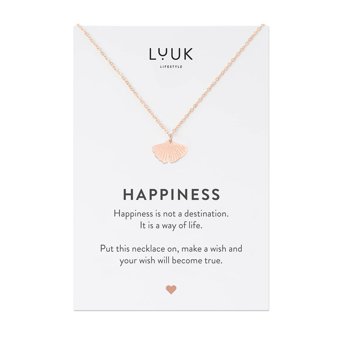 LUUK LIFESTYLE Filigree necklace with Gingko leaf pendant, HAPPINESS card, Stainless steel, Gift for women, 19” waterproof hypoallergenic chain, Rose gold