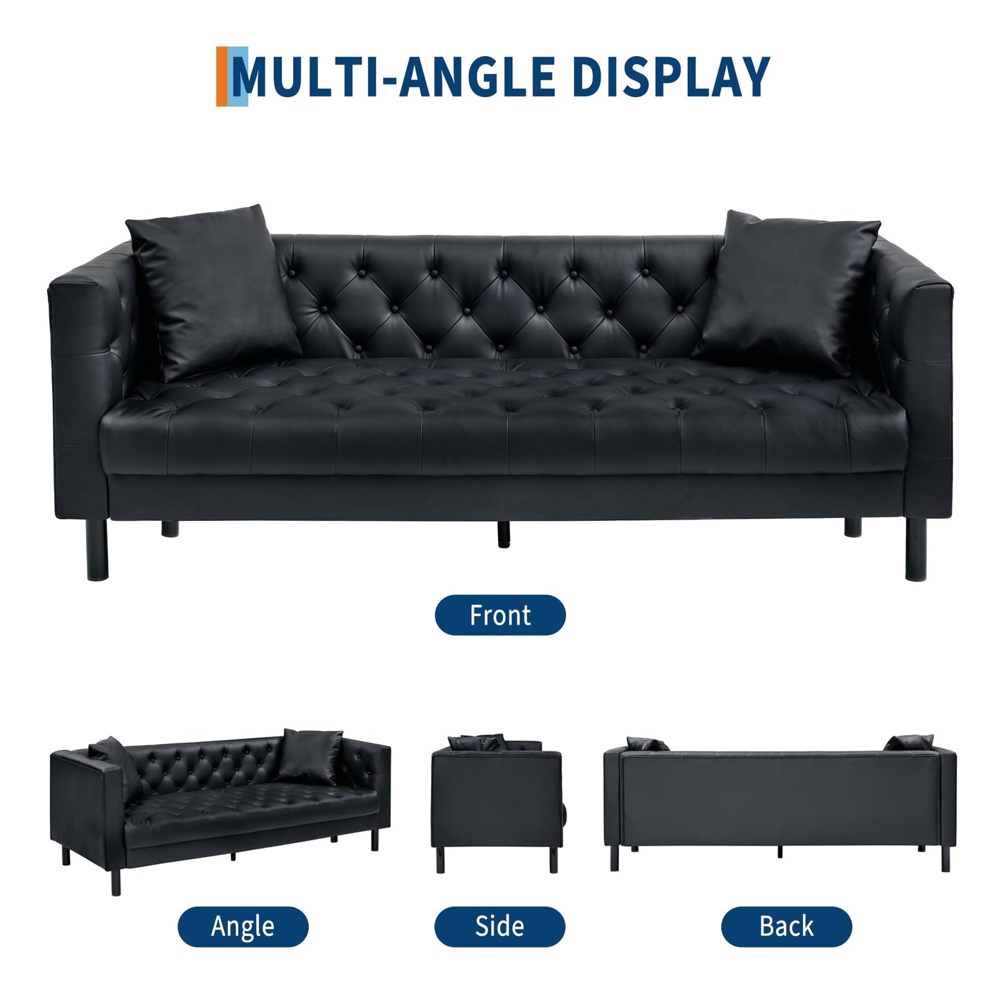 Garvee 81 Inch Leather Couch for Living Room, Modern Leather Sofa with Deep Seat, Handmade Button Tufted Sofa, Chesterfield 3 Seat Couch for Apartment, Office, Black