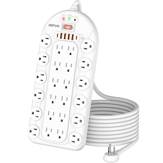 Power Strip, 24 AC Outlets (1875W/15A) with 6 USBs (2 USB-C Ports), ETL Listed, Surge Protector (3,400 Joules), 8 Ft Heavy Duty Flat Plug Extension Cord, Wall Mountable for Home, Office, Black