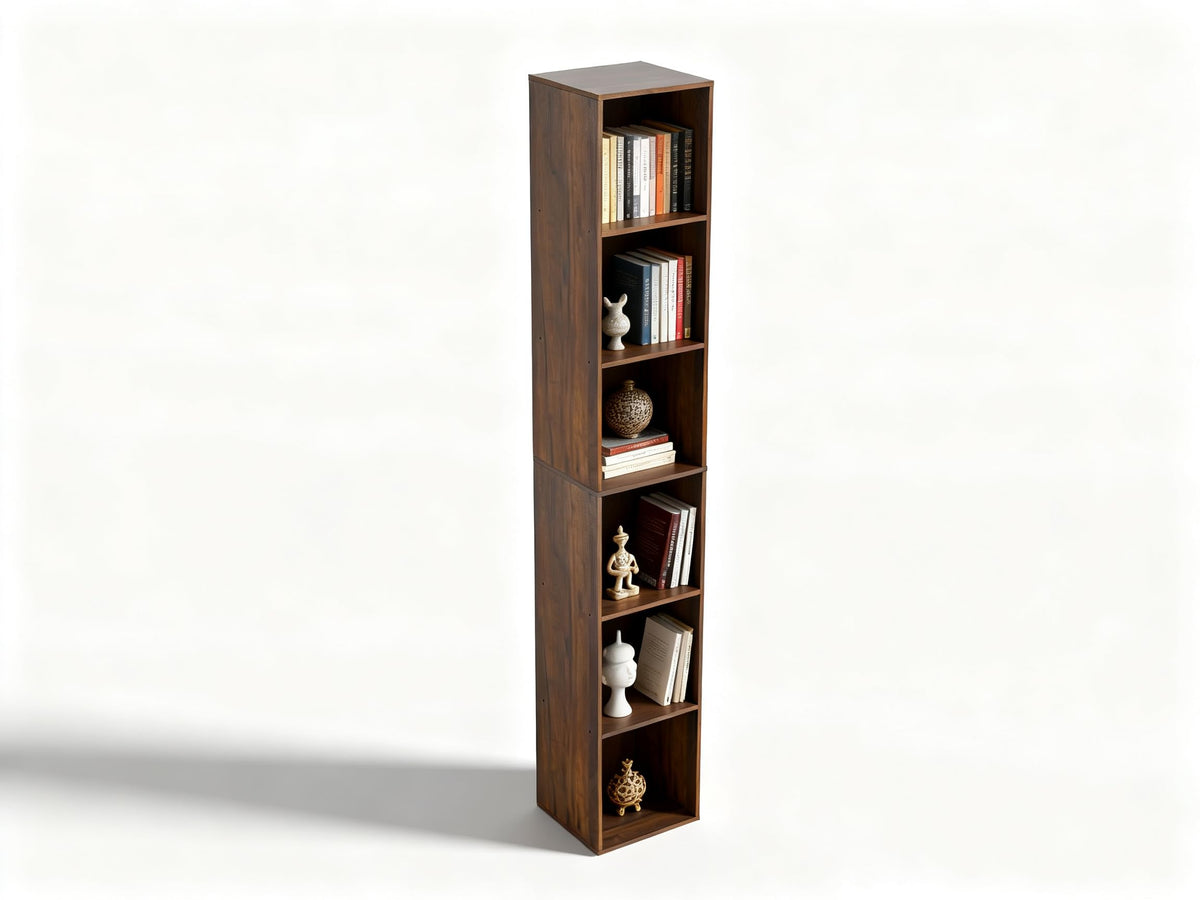 NewBeth 6 Cube Storage Organizer, Narrow Open Shelf Bookcase, Freestanding 6 Tier Low Display Bookshelf for Home Office, Living Room, Bedroom, Dark Brown & Black Walnut