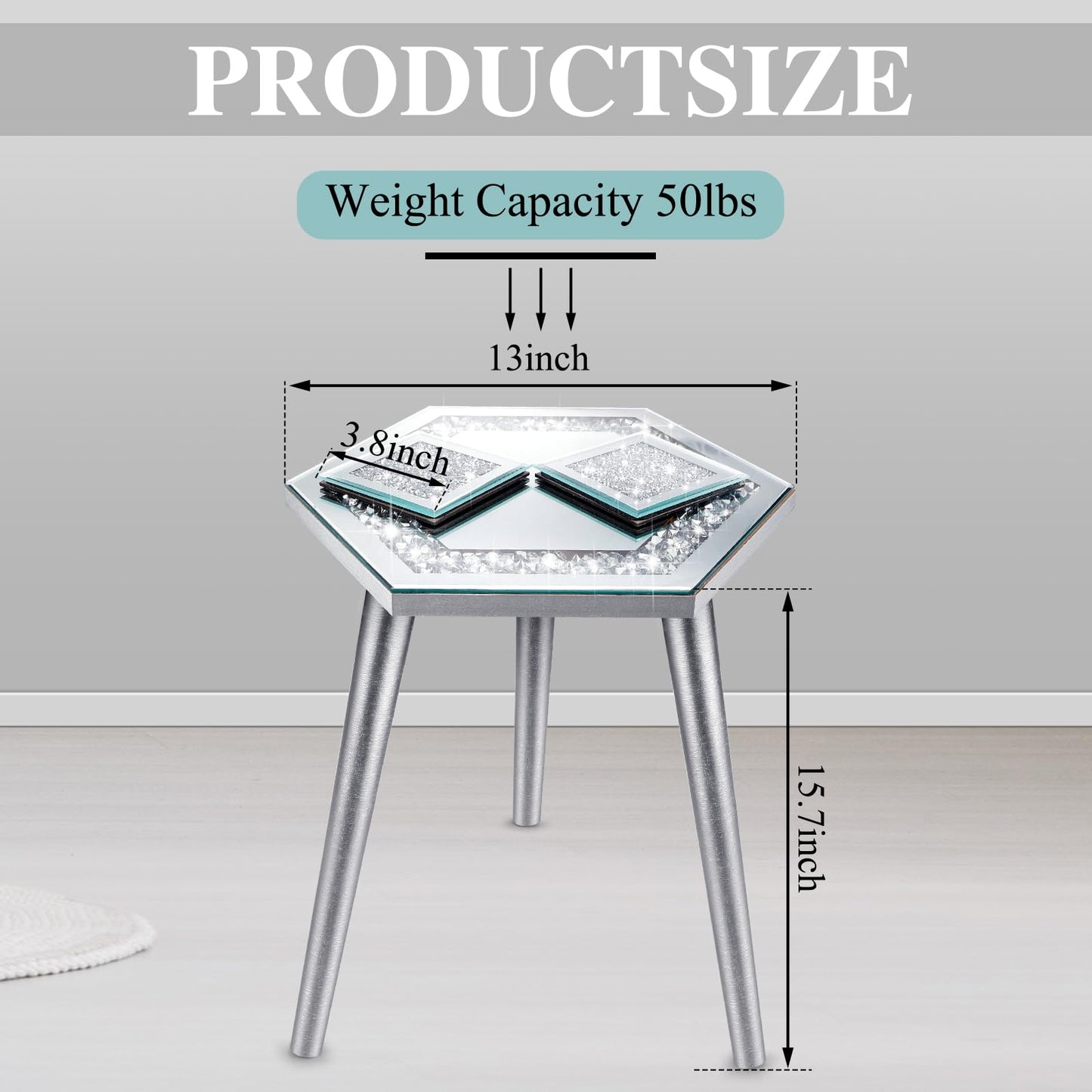 Weysat 3 Pcs Mirrored End Table with Glass Coaster Modern Silver Accent Table Bling Mirror Side Desk Crushed Crystal Coasters Crushed Diamond Cup Mat for Living Room Kitchen (Hexagonal)