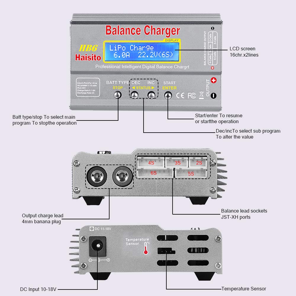 Haisito Lipo Charger, 80W 6A Balance Charger for LiPo Li-ion LiFe NiCd NiMh Pb, Multi-functional Intelligent Charger, RC Hobby Battery Balance Charger LED W/AC Power Adapter